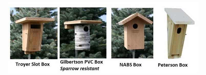 four types of bluebird houses. a troyer slot box, a gilbertson pvc box that is sparrow resistant, a nabs box and a peterson box.